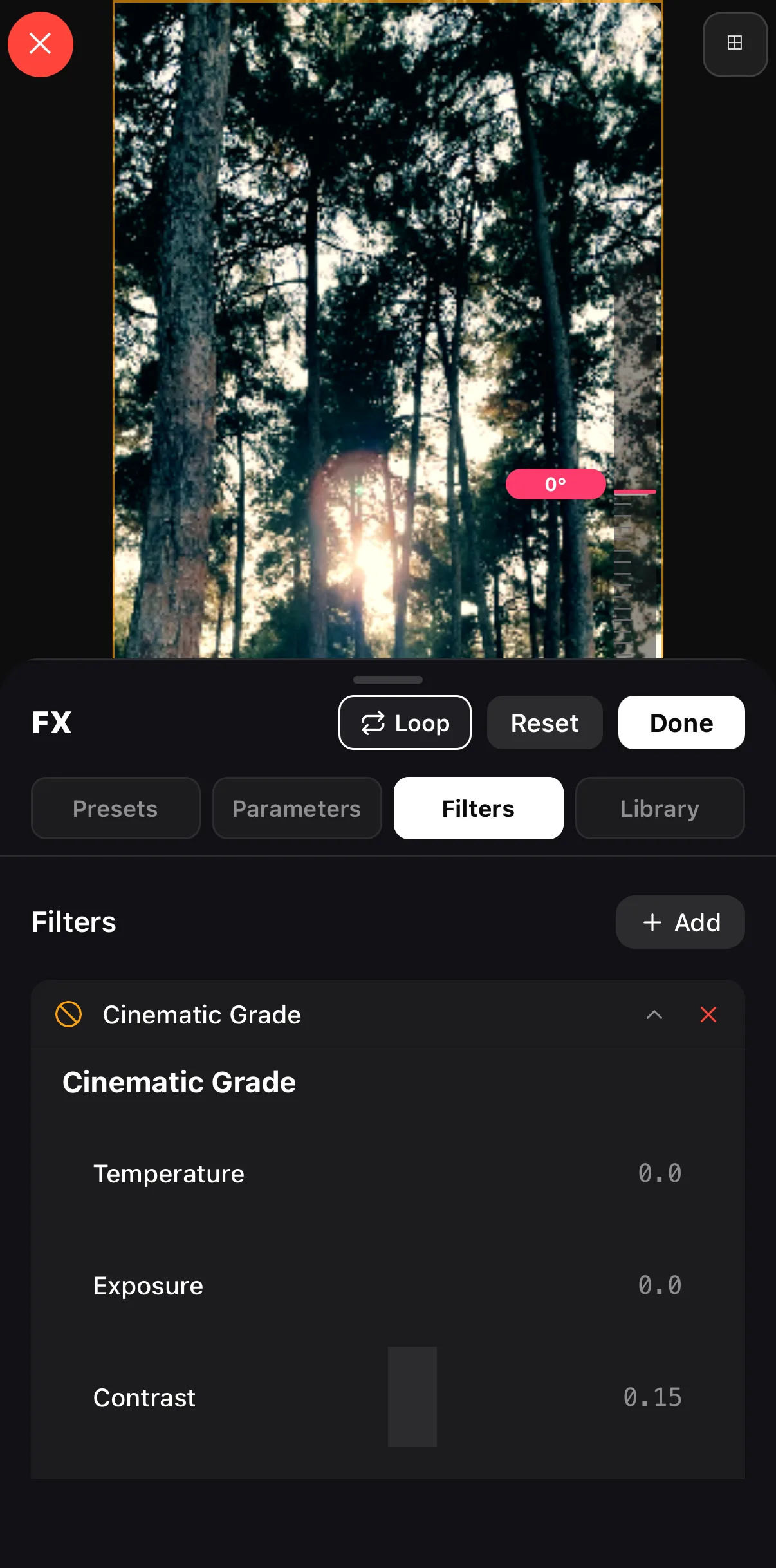 Teal & Orange applied: the forest clip graded teal and orange on the canvas, and the Filters tab showing the Cinematic Grade engine with Temperature, Exposure and Contrast sliders