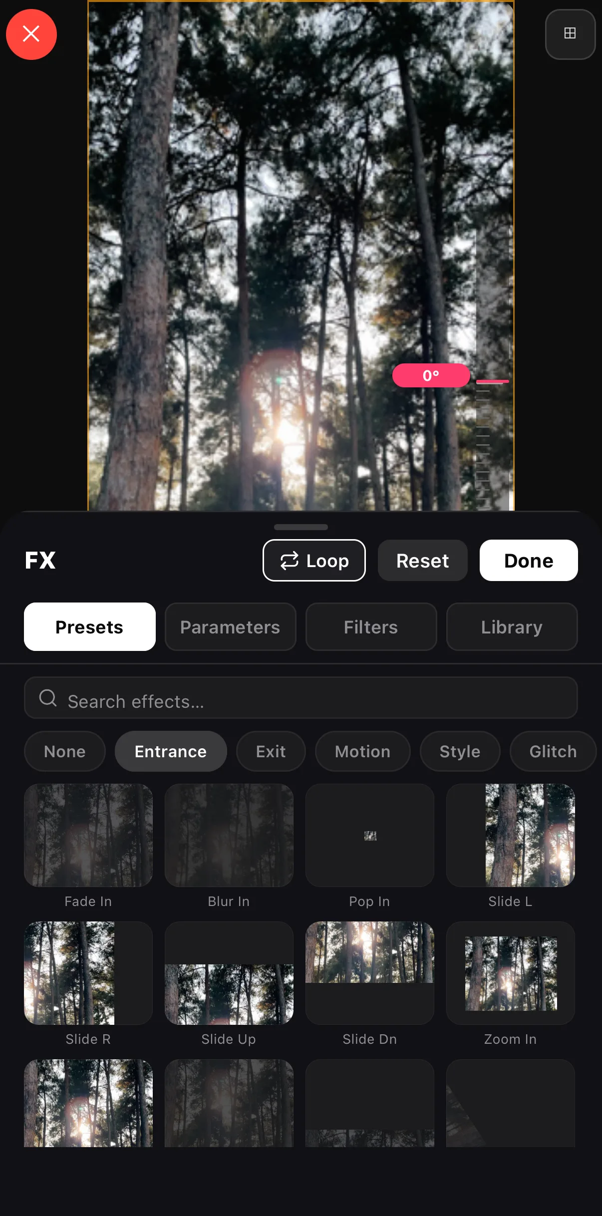 The FX sheet on the Presets tab: None, Entrance, Exit, Motion, Style and Glitch chips and a grid of tiles (Fade In, Blur In, Pop In, Slide L…) each animating on the forest clip