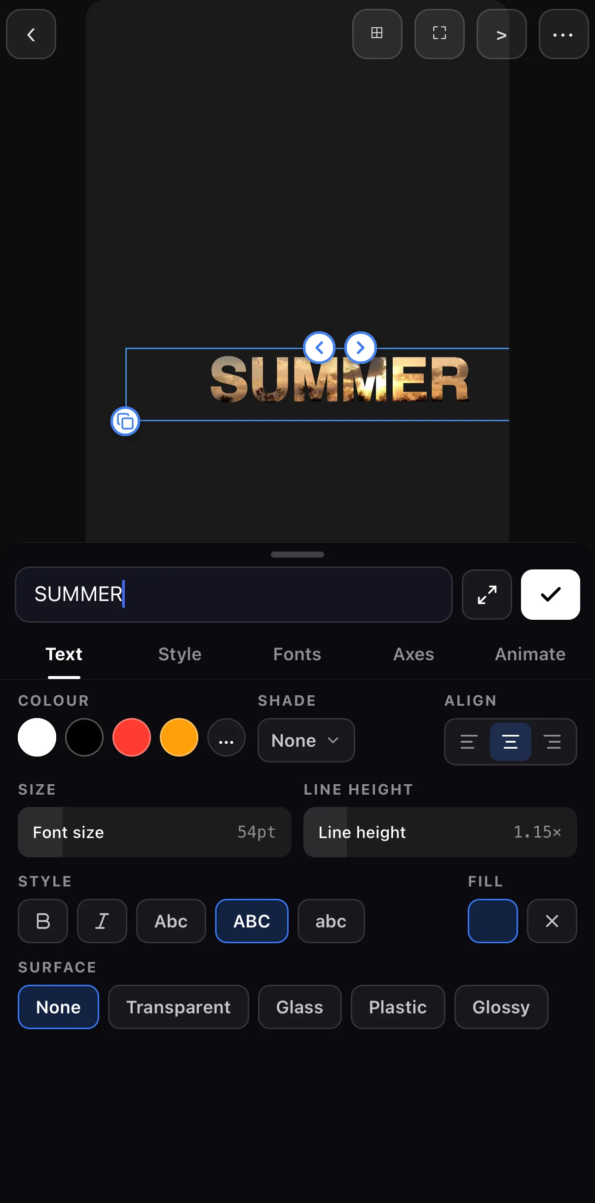 The text tray's Text tab with the word SUMMER filled with sunset footage on the canvas and a video thumbnail chip in the Fill row