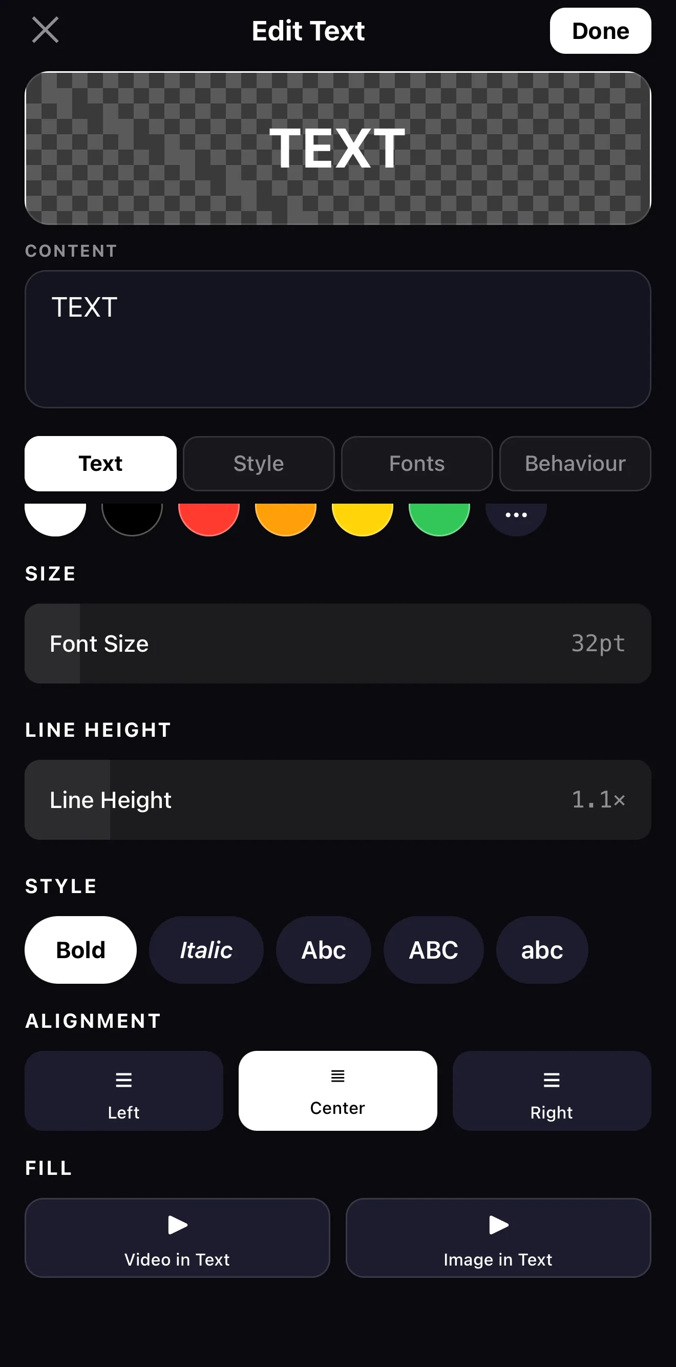 ExpoCut text editor FILL section with Video in Text and Image in Text options