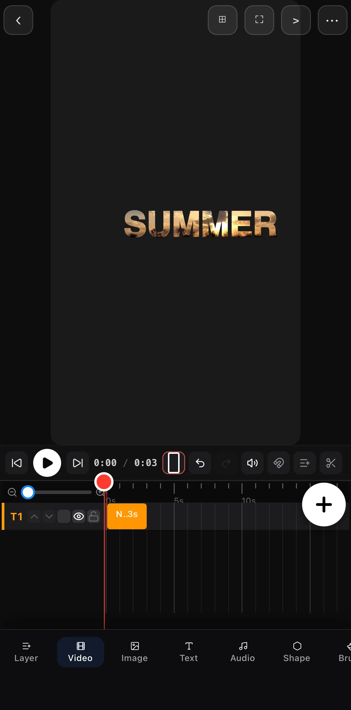 The word SUMMER in a heavy font on the canvas with sunset footage playing inside the letters, on its own T1 row