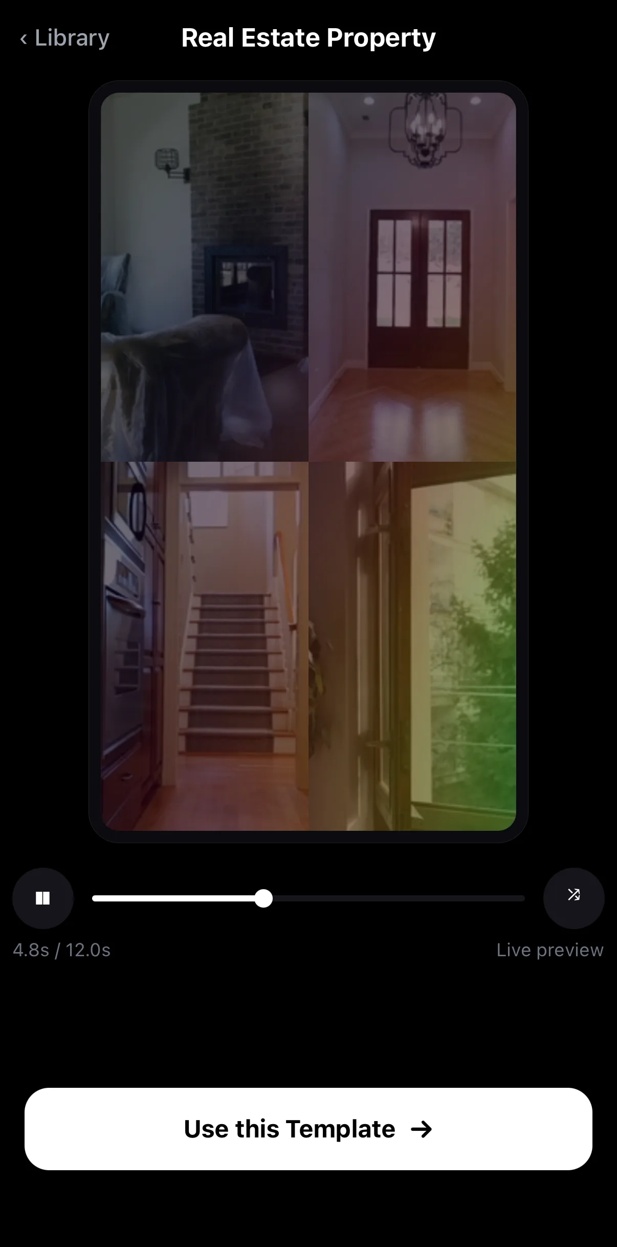 The Real Estate Property template's preview screen: the finished video playing at 9.6 s of 12 s with a Hughes Avenue feature list and a phone-number badge, a play/pause scrubber, a Live preview label and a Use this Template button.