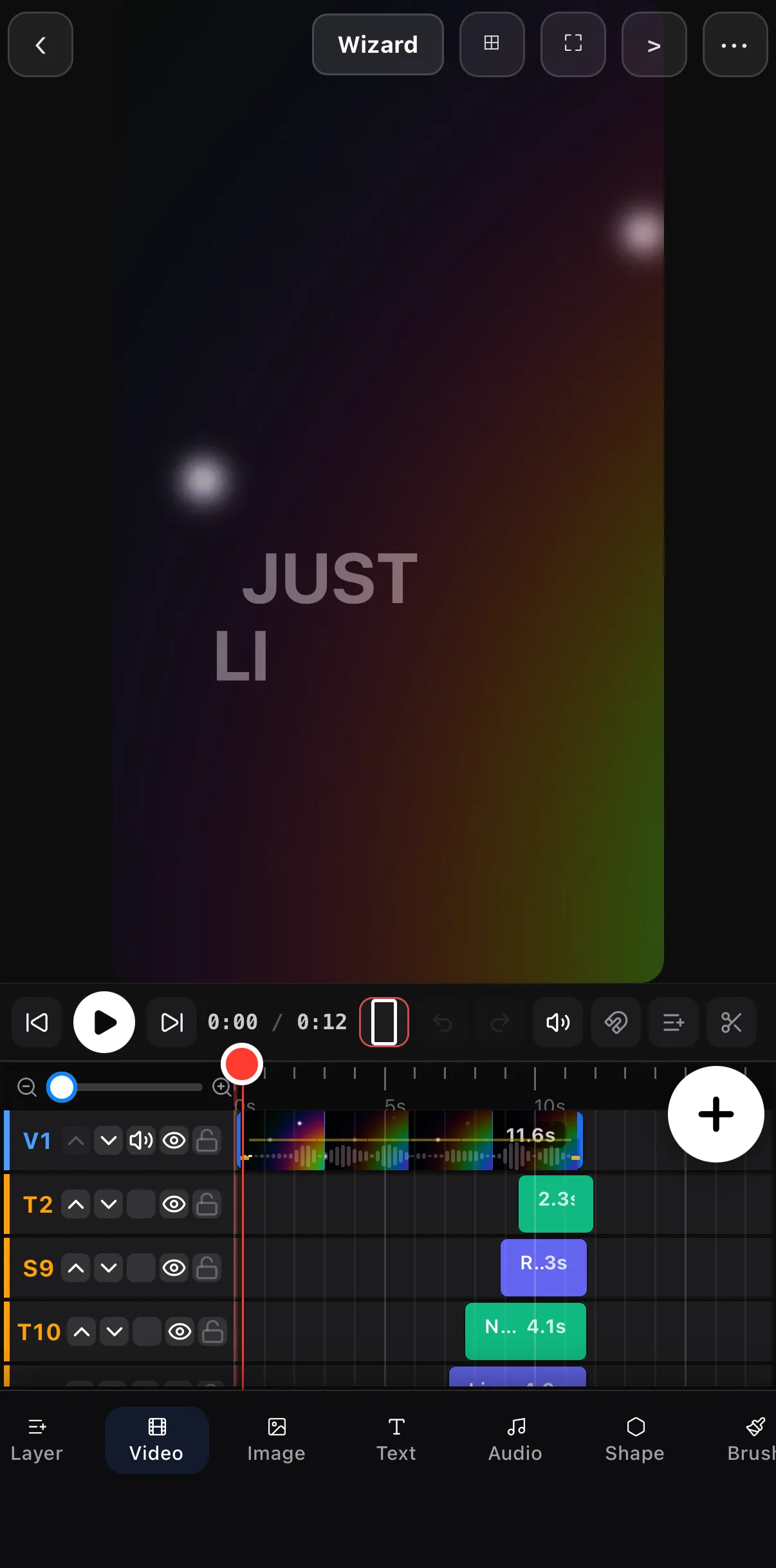 The same project in the full editor: JUST LI rendering mid-animation on the canvas, a Wizard button top-centre, and the timeline rows V1 (11.6 s music/video), T2, S9, T10 with the template's layers.