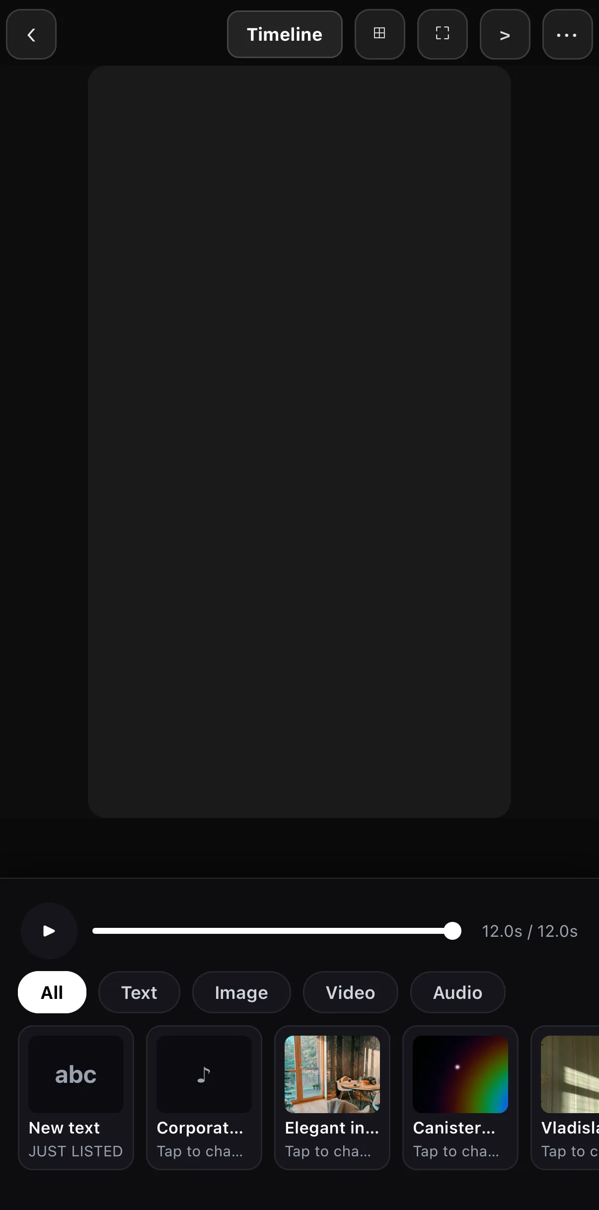 Wizard mode: the finished template plays on the canvas (feature list and phone badge), a Timeline button sits top-centre, a scrubber reads 9.6 s / 12.0 s, and a slot strip shows chips All, Text, Image, Video, Audio above cards New text (JUST LISTED), Corporate music, Elegant interior, Canister and more, each labelled Tap to change.