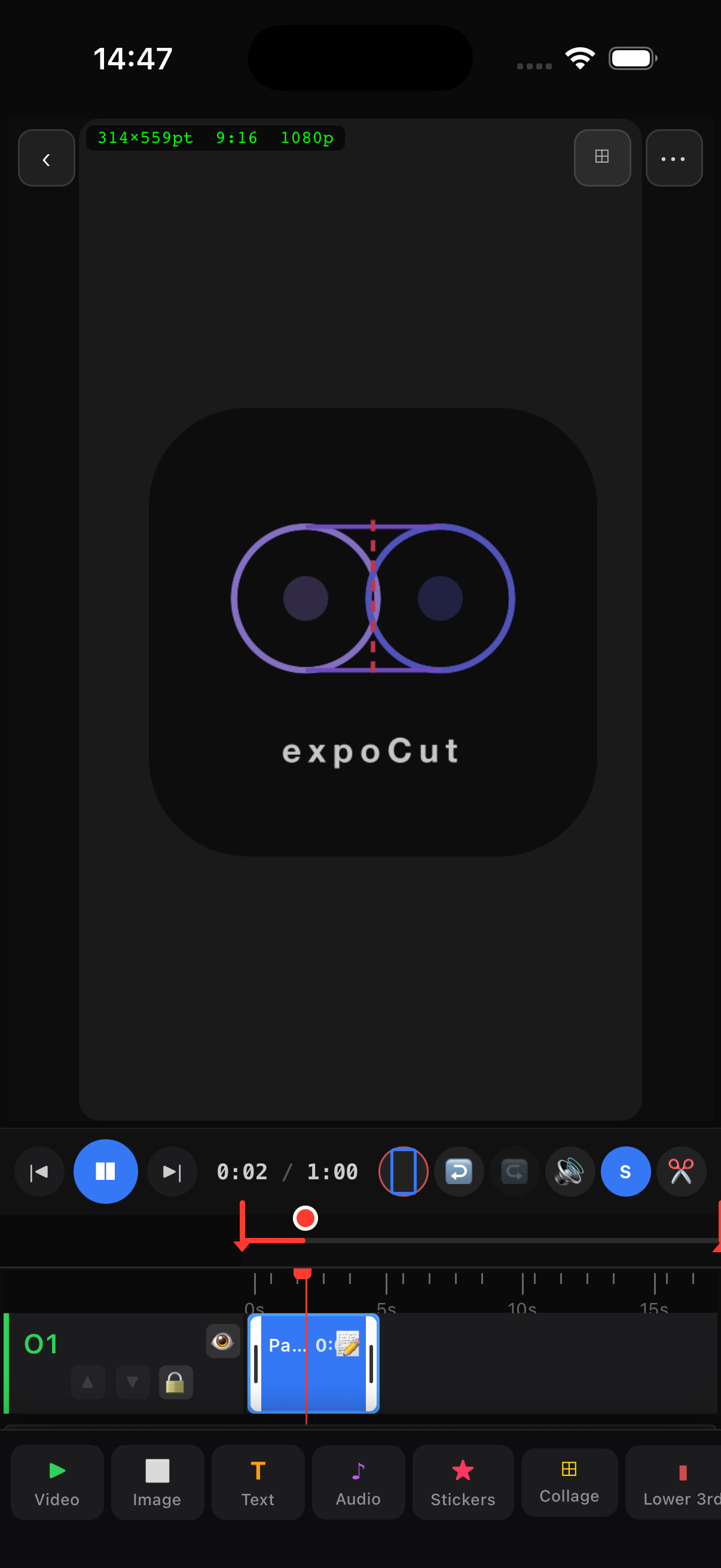ExpoCut mobile video editor app screenshot showing timeline editing
